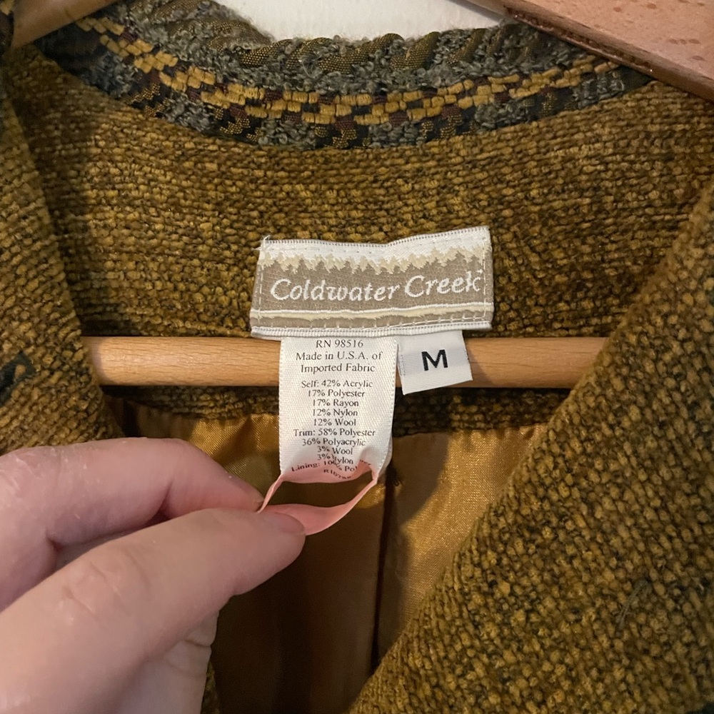 Coldwater Creek Vintage Women's M Olive Green Mustard Tweedy Woven Lined Blazer - Picture 2 of 4